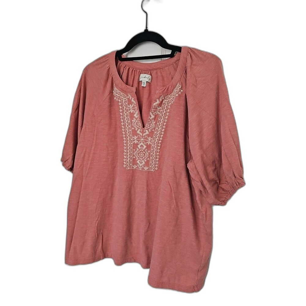 Women's Wonderly Pink Embroidered Short Sleeve Shirt XL